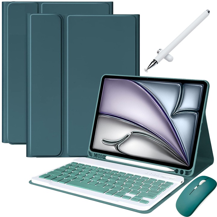 Husa cu tastatura detasabila, JODAKOR®, pentru iPad Air 11 inch (M2, 2024/M3 2025) si Air 4/5 Gen., Lluminat Din Spate in 7 Culori, Include Mouse, Stilou Capacitiv, Capac Pentru Tastatura Cu Membrana Din Silicon, Verde Inchis