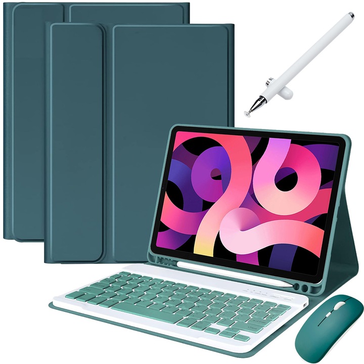 Levehető Bluetooth billentyűzet tok iPad Pro 11 és Air 5/4 Gen 10.9", háttérvilágítással, 7 színben, egeret, kapacitív tollat, szilikon membrán billentyűzet borítót, sötétzöld