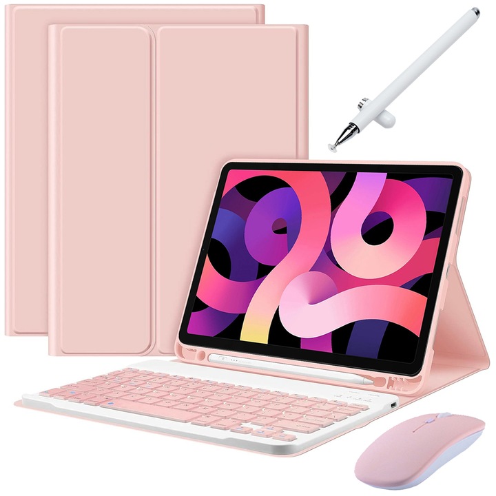 Levehető Bluetooth billentyűzet tok iPad Pro 11 és Air 5/4 Gen 10.9" 7 színű háttérvilágítással, egeret, kapacitív tollat, szilikon membrán billentyűzet borítót, rózsaszín