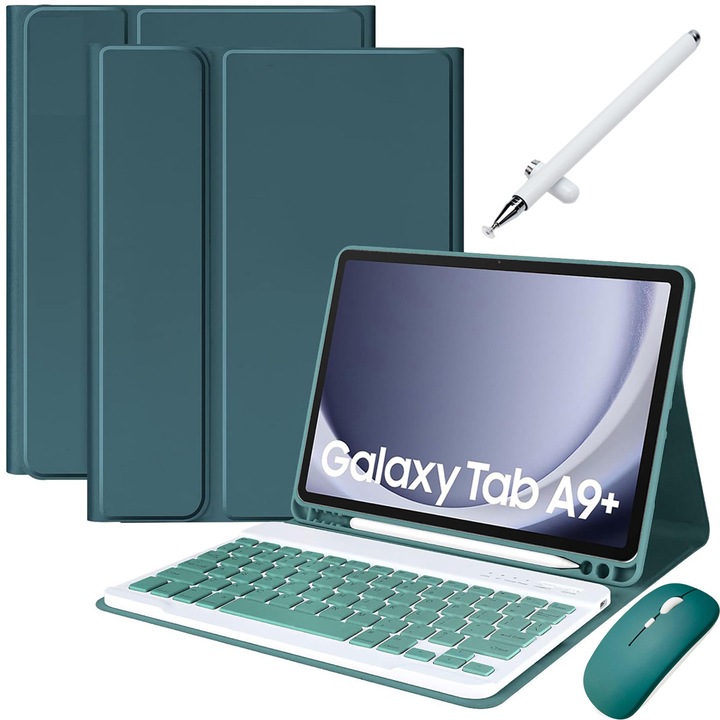 Husa Cu Tastatura Wireless Detasabila, JODAKOR®. Pentru Samsung Galaxy Tab A9 Plus 11", Lluminat Din Spate in 7 Culori, Include Mouse, Stilou Capacitiv, Capac Pentru Tastatura Cu Membrana Din Silicon, Verde Inchis