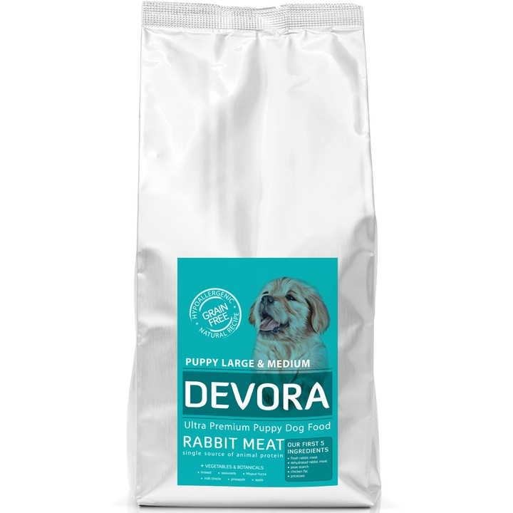 Hrana uscata pentru caini juniori Devora Grain Free, Talie Mare si Medie, Iepure 4 kg