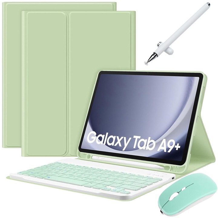 Husa Cu Tastatura Wireless Detasabila, JODAKOR®, Pentru Samsung Galaxy Tab A9 Plus 11", Lluminat Din Spate in 7 Culori, Include Mouse, Stilou Capacitiv, Capac Pentru Tastatura Cu Membrana Din Silicon, Verde Deschis
