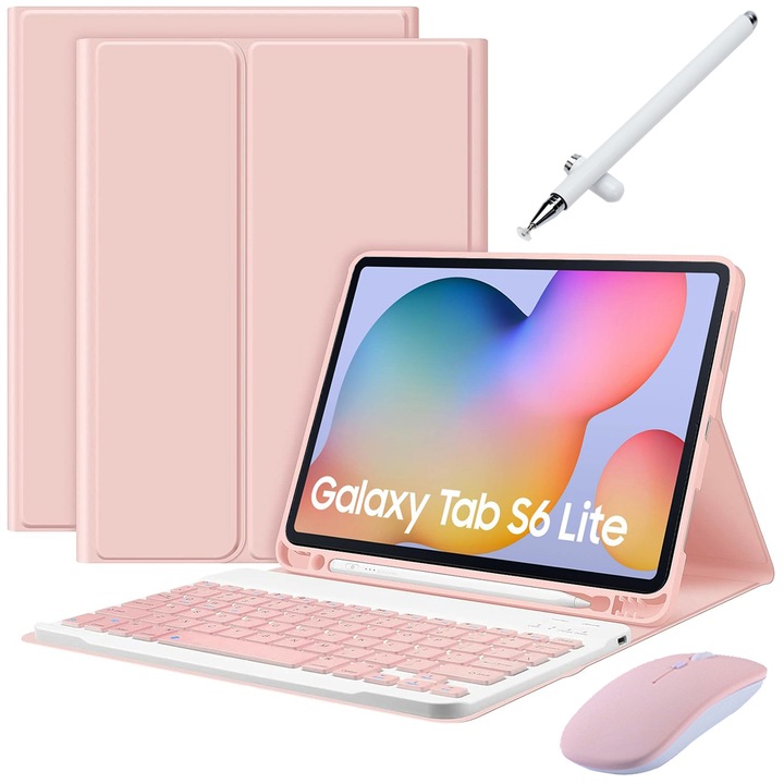 Levehető Bluetooth billentyűzet fedél Galaxy Tab S6 Lite 10,4", 7 színű háttérvilágítással, tartalmaz egeret, kapacitív tollat, szilikon membrán billentyűzet borítót, rózsaszín
