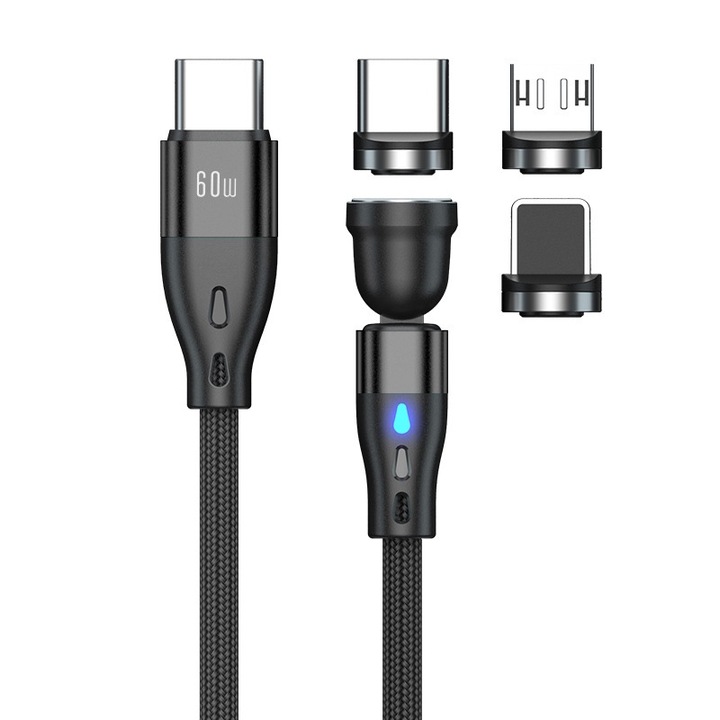Mágneses adatátviteli és gyorstöltő kábel, 3 az 1-ben, 540 fokos elforgatás, USB-C a C típusba, Lightning Apple, Micro-USB, 2 m, sundiguer, fekete