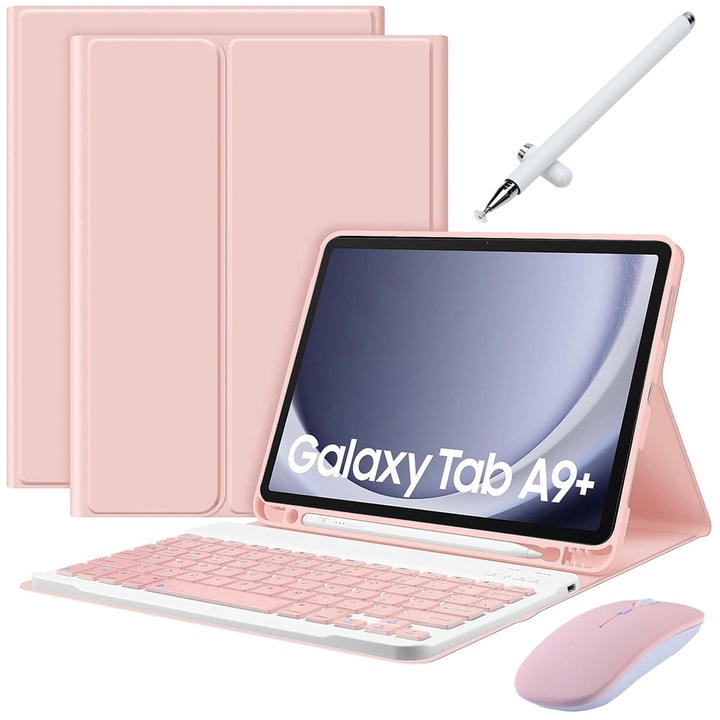 Husa Cu Tastatura Wireless Detasabila, JODAKOR®. Pentru Samsung Galaxy Tab A9 Plus 11", Lluminat Din Spate in 7 Culori, Include Mouse, Stilou Capacitiv, Capac Pentru Tastatura Cu Membrana Din Silicon, Roz