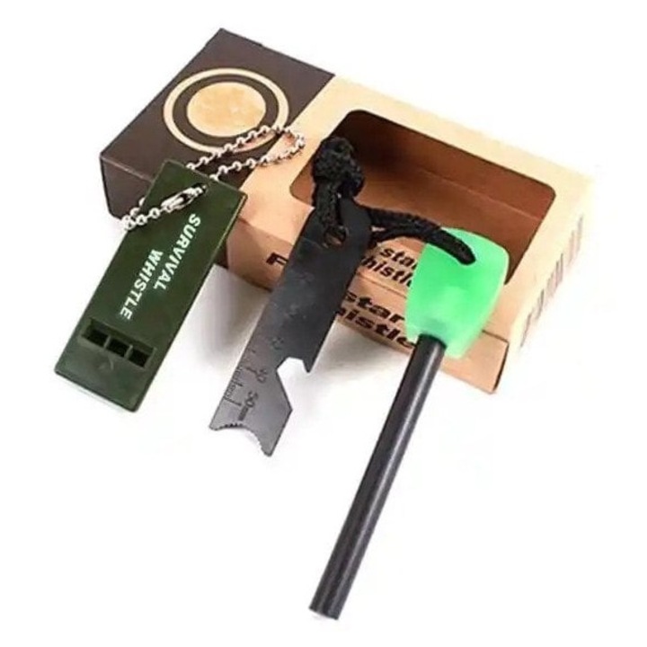 Set Amnar pentru camping si Fluier DEPOX®, Ultimate Survival, otel inoxidabil, 11 cm