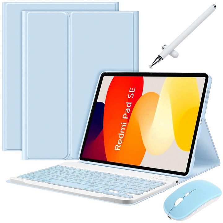 Husa Cu Tastatura Detasabila Wireless, JODAKOR®. Pentru Xiaomi Redmi Pad SE 11", Lluminat Din Spate in 7 Culori, Include Mouse, Stilou Capacitiv, Capac Pentru Tastatura Cu Membrana Din Silicon, Albastru
