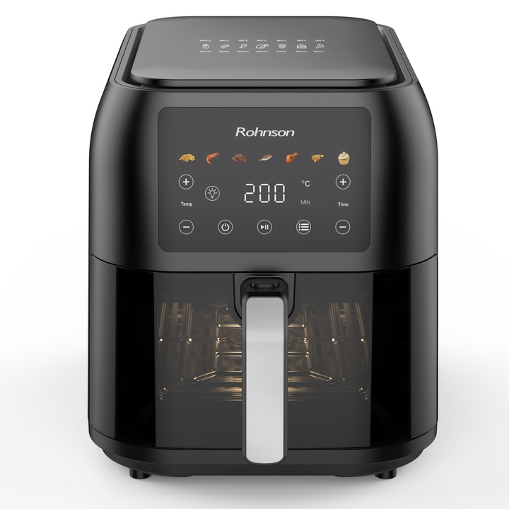 Friteuza extra slim cu aer cald, Rohnson R2860, 8L, 1700W, timer 1h, 80-200 °C, Panou LED, 7 programe, sistem 3D la 360°, functie SHAKE, fereastra, iluminare interioara, protectie supraincalzire, oprire automata, neagra