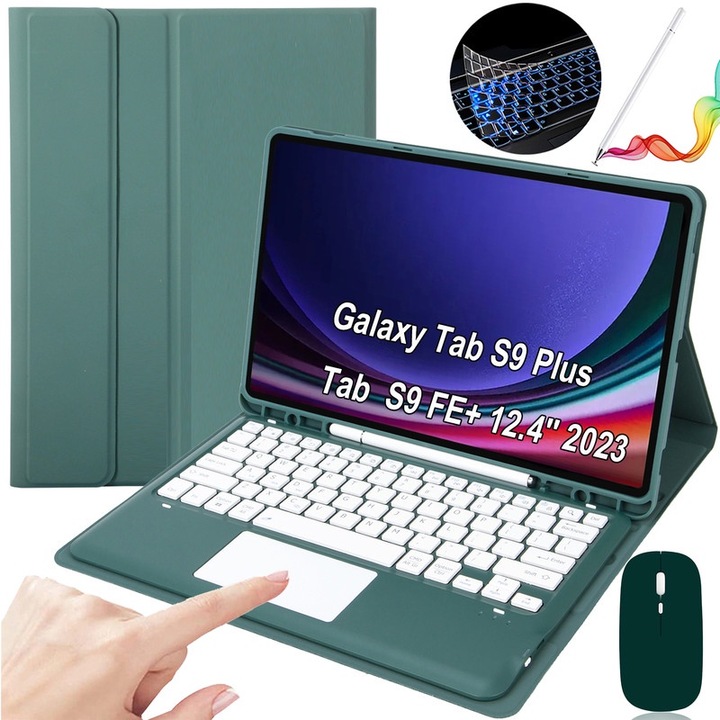 Touchpad billentyűzet tok Samsung Galaxy Tab S9 FE+ és Galaxy Tab S9 Plus 12,4" vezeték nélküli, Bluetooth, 7 színű háttérvilágítás, tollal, egérrel, szilikon billentyűzet membránnal, sötétzöld