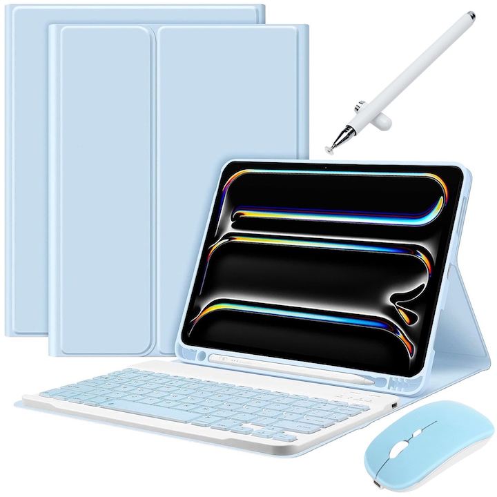 Husa Cu Tastatura Bluetooth Detasabila, JODAKOR®. Pentru iPad Pro 11" 2024, Lluminat Din Spate in 7 Culori, Include Mouse, Stilou Capacitiv, Capac Pentru Tastatura Cu Membrana Din Silicon, Albastru