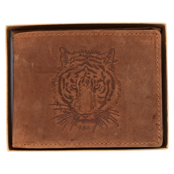 Portofel Barbati Piele Maro cu Tigru 13 x 10cm