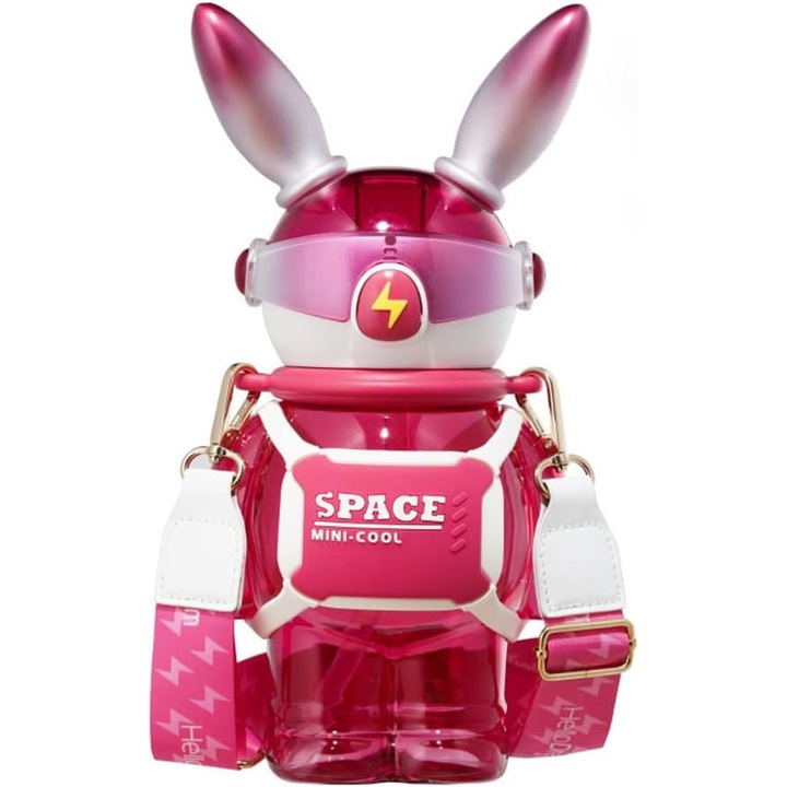 X&W palack, szívószálas, space nyuszi kivitelben, BPA mentes, Glitter Red, 27,6x12,3 cm, 1,1 liter