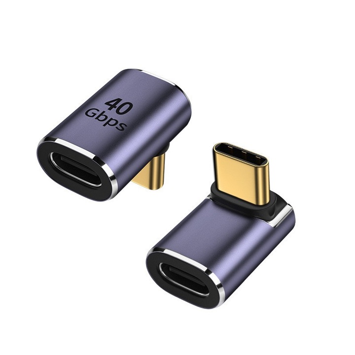 2 db JENUOS adapter készlet, USB Type-C derékszögű, 40 Gbps adatátvitel, gyorstöltés, kék