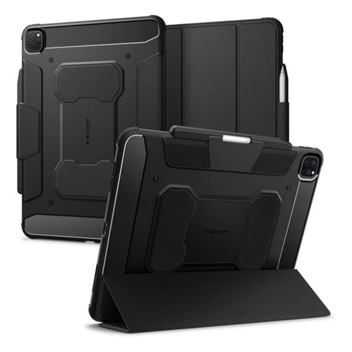 Spigen rugged armor pro tabletvédő álló, aktív flip, ütésállóság, trifold, asztali tartó, ceruza tartó, fekete, kompatibilis: Apple IPAD Pro 13, 2025, / IPAD Pro 13, 2024