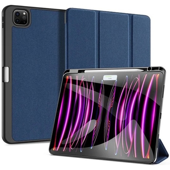 Husa tableta Dux ducis domo, cu suport vertical, efect piele, clapa activa, deschidere laterala, tripla, suport birou, suport creion, albastru inchis, compatibila cu: Apple iPad Pro 13, 2024