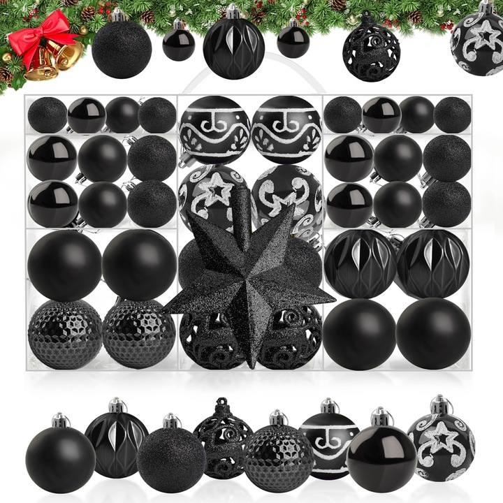 Globuri de Craciun, SDLOGAL, Set 101 de ornamente, Plastic, Diverse forme si dimensiuni, Negru