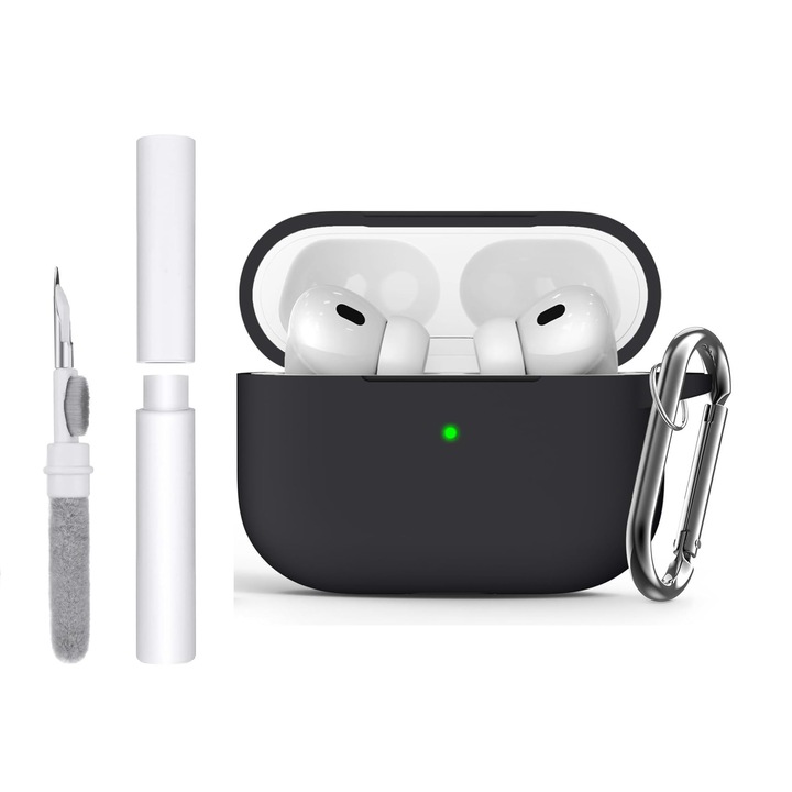 Силиконов защитен калъф за AirPods Pro 1 / Pro 2 carrlinechoo®, с инструмент за почистване на слушалки, с ключодържател с карабинер, черен