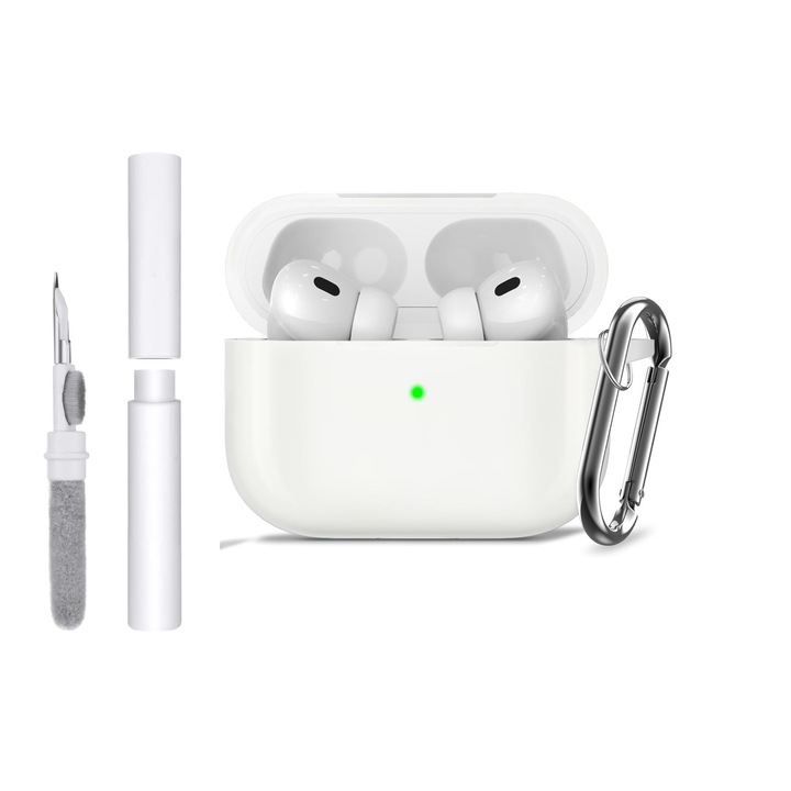 Силиконов защитен калъф за AirPods Pro 1 / Pro 2 carrlinechoo®, с инструмент за почистване на слушалки, с ключодържател с карабинер, бял