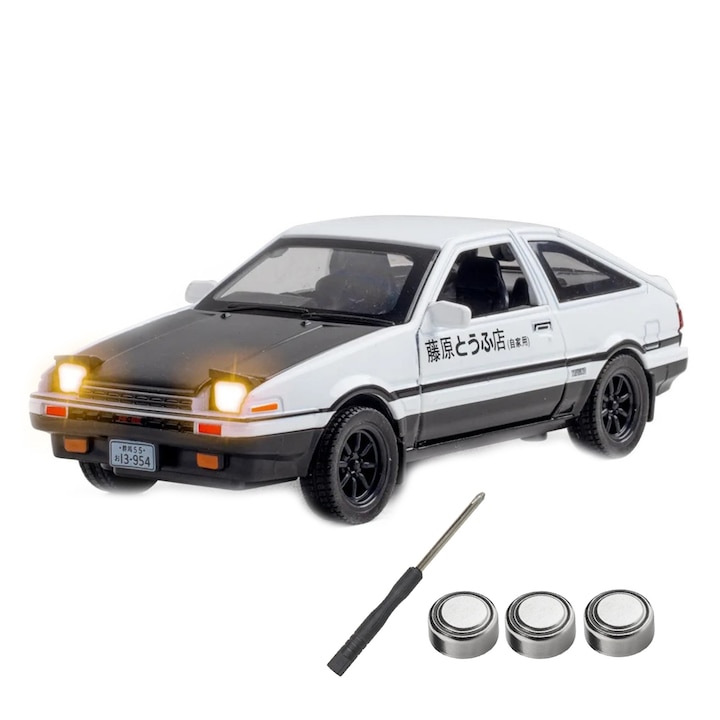 Метална кола Toyota AE86, Zggzerg, С 3 батерии с копчета и 1 отвертка, Със светлини и звуци, Светлините на колата могат да се скрият, Подвижни врати, Подвижен капак, Подвижен багажник, 1:32, 15.5x7x6cm, Бяло/Черно