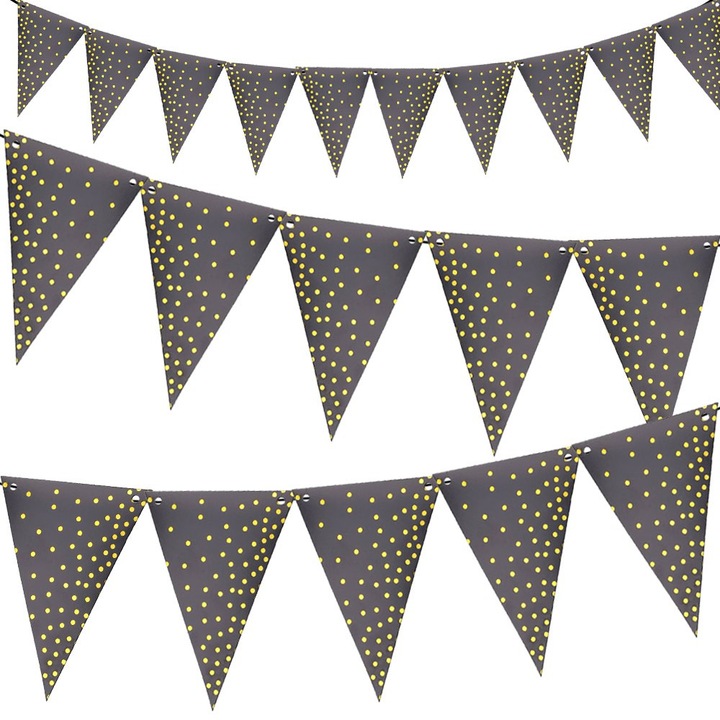 Dekoratív füzér, PartyCollection, papír, 10 háromszög, 13 x 18 cm, szál 2,5 m, fekete / arany