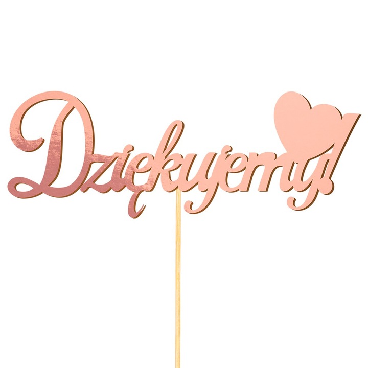 Декоративен топер за торта PartyCollection, "Dziekujemy", розов със златист, 22см