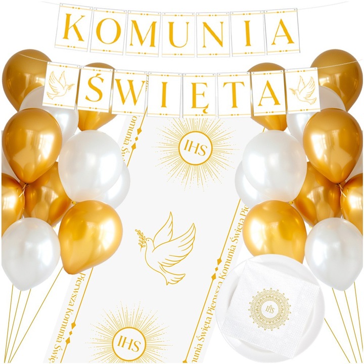 Комплект декоративен за парти PartyCollection, бял и златист, тишлайфер 40см x 5м, салфетки 33x33см, 20 броя, балони 30см, банер 15x11см.