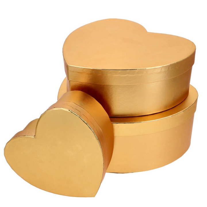 Set 3 cutii in forma de inima, PartyCollection, carton, 14x16x6cm, 21x21x8cm, 23x23x10cm, auriu