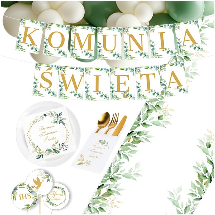Комплект декорации за Причастие, PartyCollection, банер 13 части, двуцветен, 40 см x 5 м, 20 салфетки 33x33 см, 20 плика 20x10 см, 20 балона