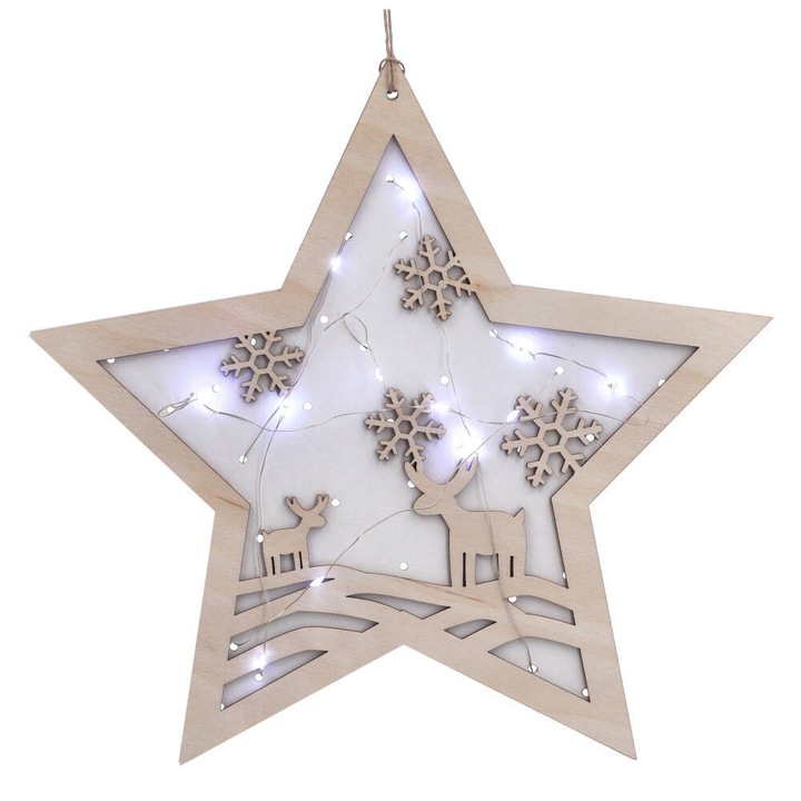 Decoratiune Craciun, PartyCollection, stea cu ren|lumini LED, 29cm, set