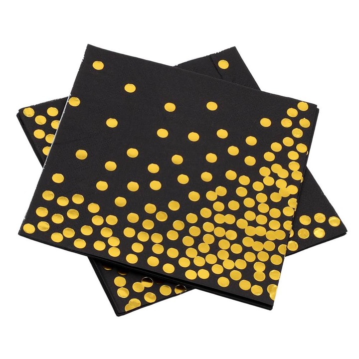 Комплект 10 салфетки за маса, PartyCollection, черни на златни точки, 33x33см