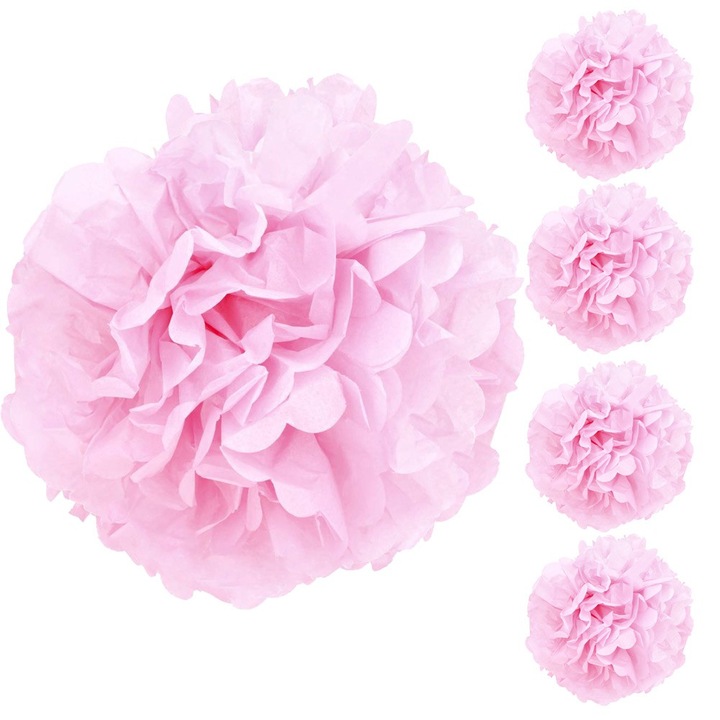 Set 5 pompoane decorative pentru petreceri, PartyCollection, Hartie, 25 cm, Roz deschis
