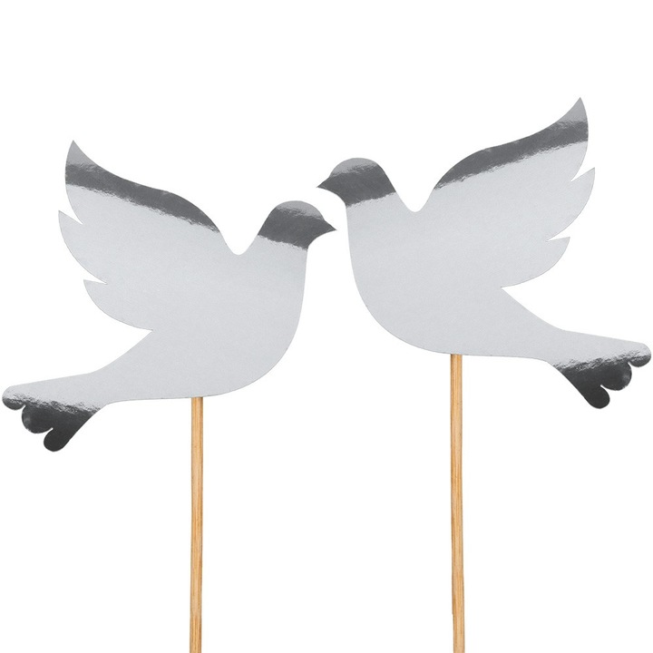 Set 2 accesorii pentru tort, PartyCollection, Model porumbel, Hartie/Lemn, Argintiu