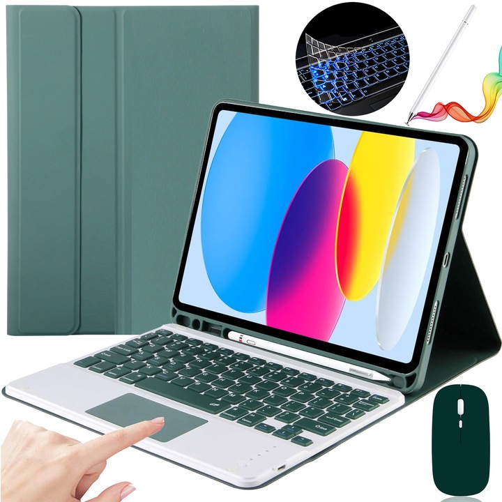 Husa Cu Tastatura Touchpad, JODAKOR®, Pentru iPad 10 Gen.2022 10,9" si iPad 11 (A16) 2025, Fara fir, Bluetooth, Iluminare De Fundal in 7 Culori, Cu Stilou, Mouse, Membrana Din Silicon Pentru Tastatura, Verde Inchis
