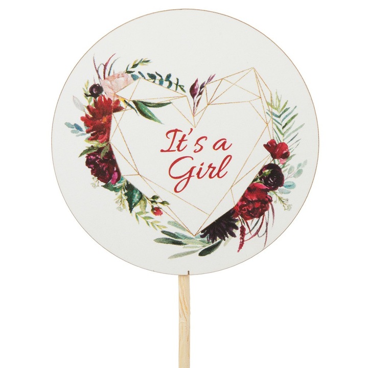 Topper tort Baby Shower, PartyCollection, motiv inima, roz, 6cm x 22cm