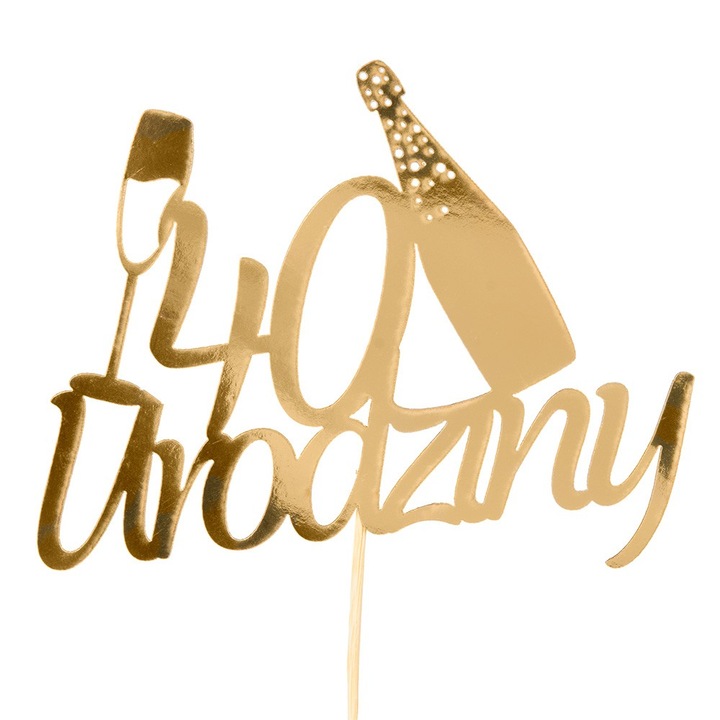 Topper tort aniversare 40 ani, PartyCollection, aurie, 10x13cm, set