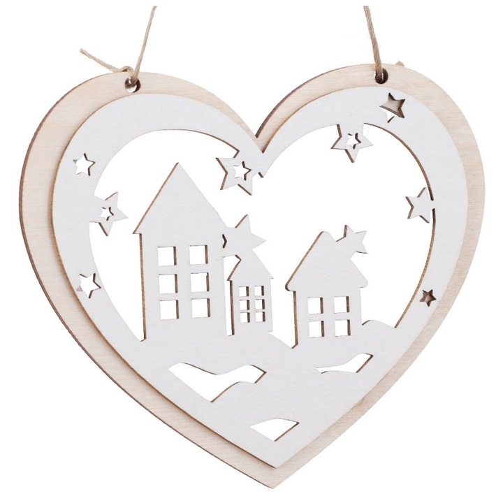 Decoratiune Craciun, PartyCollection, inima 3D, lemn si beermat, 9x10cm