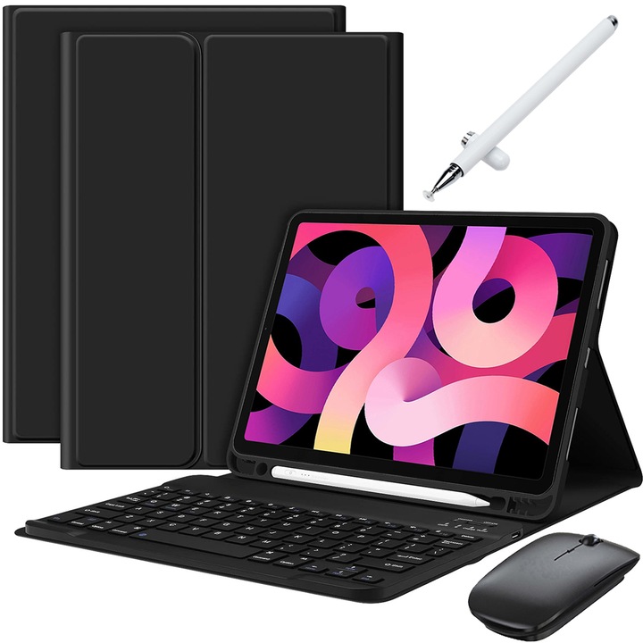 Levehető Bluetooth billentyűzet tok iPad Pro 11 és Air 5/4 Gen 10.9", 7 színű háttérvilágítás, egeret, kapacitív tollat, szilikon membrán billentyűzet borítót, fekete