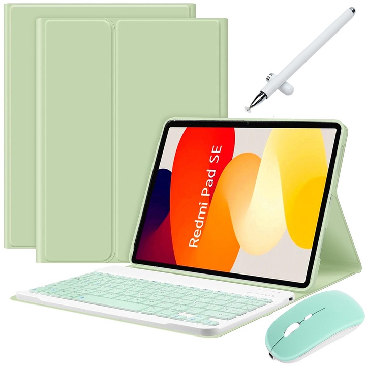 Husa Cu Tastatura Detasabila Wireless, JODAKOR®. Pentru Xiaomi Redmi Pad SE 11", Lluminat Din Spate in 7 Culori, Include Mouse, Stilou Capacitiv, Capac Pentru Tastatura Cu Membrana Din Silicon, Verde Deschis