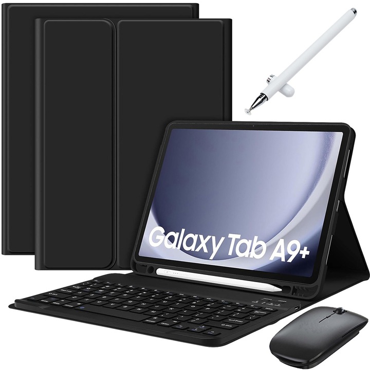 Husa Cu Tastatura Wireless Detasabila, JODAKOR®. Pentru Samsung Galaxy Tab A9 Plus 11", Lluminat Din Spate in 7 Culori, Include Mouse, Stilou Capacitiv, Capac Pentru Tastatura Cu Membrana Din Silicon, Negru