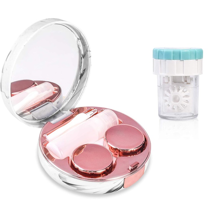 Set curatare lentile de contact Nybgyy, portabil, etans, cu oglinda, Auriu roz