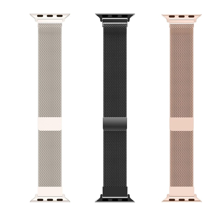 Комплект от 3 метални каишки Milanese, Zggzerg, Подходящи за пълна серия на Apple Watch, Регулируеми, Дишащи, Лесни за инсталиране, Не е лесно да се счупят или деформират, Неръждаема стомана, 42/44/45/49 mm, Starlight/Black/Rose gold
