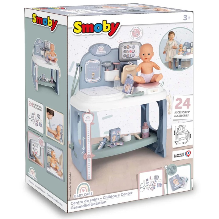 Център за грижа за кукли, Smoby Baby Care, Simba Toys, електронен, 24 аксесоара, многоцветен, 52x40x67см