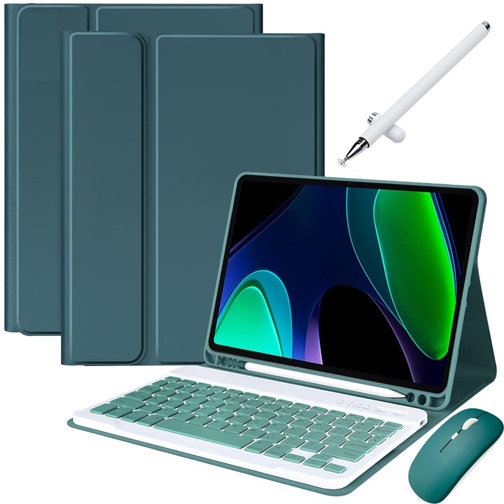 Husa Cu Tastatura Wireless Detasabila, JODAKOR® Pentru Xiaomi Mi Pad 6 si 6 Pro 11"2023, Lluminat Din Spate in 7 Culori, Include Mouse, Stilou Capacitiv, Capac Pentru Tastatura Cu Membrana Din Silicon, Verde Inchis