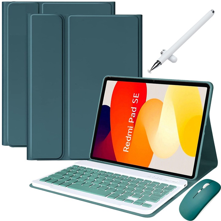 Husa Cu Tastatura Detasabila Wireless, JODAKOR®. Pentru Xiaomi Redmi Pad SE 11", Lluminat Din Spate in 7 Culori, Include Mouse, Stilou Capacitiv, Capac Pentru Tastatura Cu Membrana Din Silicon, Verde Inchis