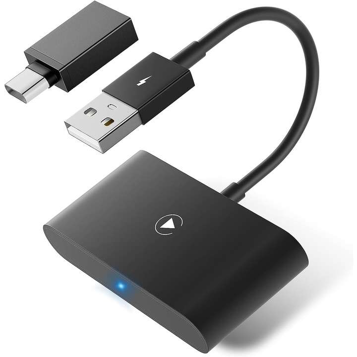 Безжичен адаптер за кола, Smart USB car play, Мултифункционален, AI процесор, Автоматична връзка, WiFi 5 Ghz, Автоматично повторно свързване, Гласова команда, USB-A/C връзка, Черен