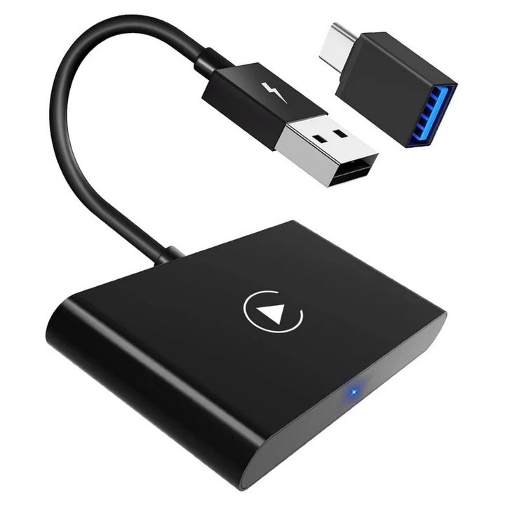 Adaptor auto Wireless, Smart USB car play, Multufunctional, Procesor AI, Conectare Automata, WiFi 5Ghz, reconectare automata, Comanda Vocala, Conectie USB-A/C, Negru Auriu