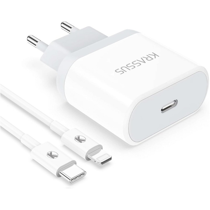 Töltő, kompatibilis: iPhone 14/ 13/ 12/ 11, iPad, AirPods, Krassus, Type-C 20W, USB C - Lightning kábel, 2 m, Gyorstöltés, fehér