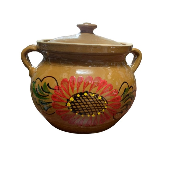Oala Sarmale din Lut, Glazurata Floare Rosii Pictata Manual 3l, 17x15 cm
