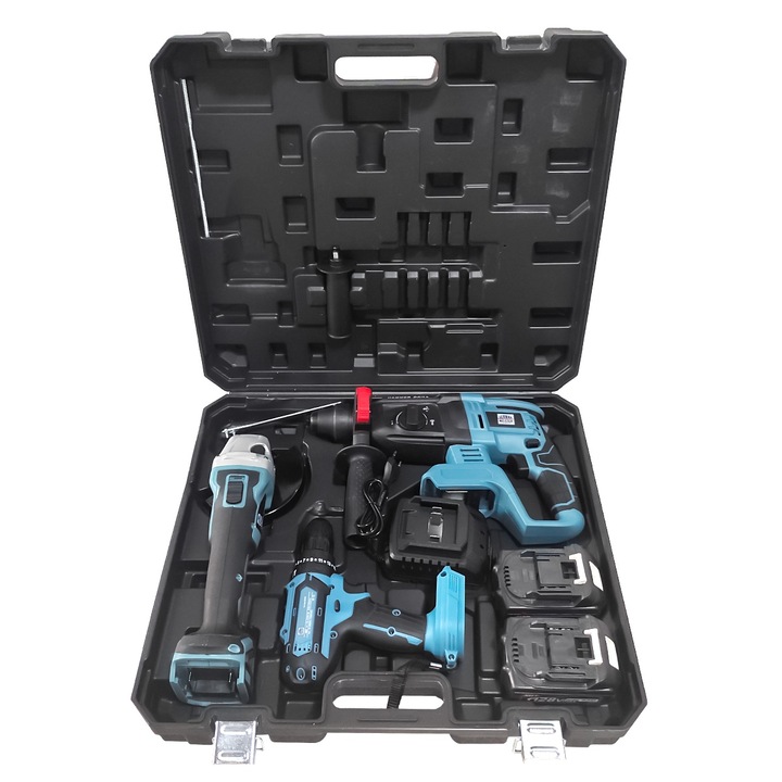 Trusa 3 piese cu acumulator, Rotopercutor, Autofiletanta, Polizor unghiular, 2 acumulatori, 1 incarcator, Valiza transport/depozitare