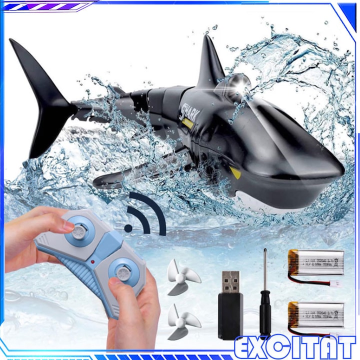 Telecomanda cu centura rechin, EXCITAT, scoate coada si misca in diferite directii, telecomanda, reproducere 1:18, 2 baterii, telecomanda 2.4G, USB, Albastru
